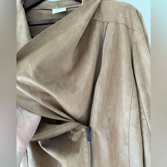 Mote Soft Tan Camel Faux Suede Full Zip Flowy Angled Drapey Lapels Moto Jacket M - Picture 6 of 6